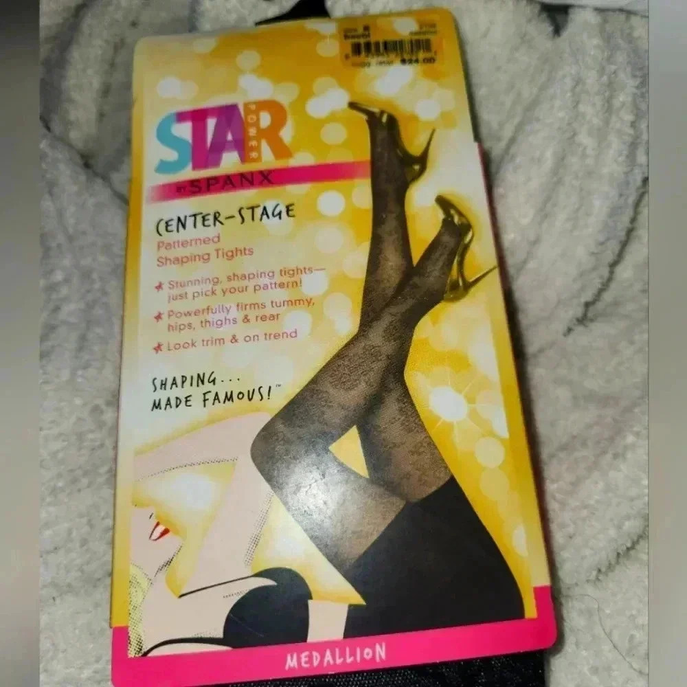 Star Power by SPANX Center Stage Patterned Shaping Two Way Black Tights …